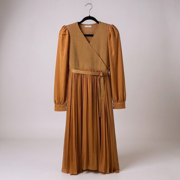 [WOMEN] CHIC WISH Knit Chiffon Dress S/M Caramel Brown Fall - Picture 2 of 10